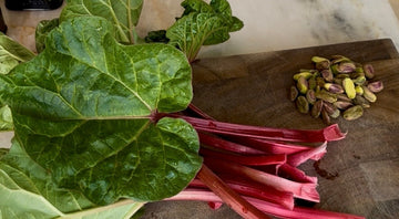 De første rabarber fra haven - med honning, sprød pistaciecrumble og letpisket fløde