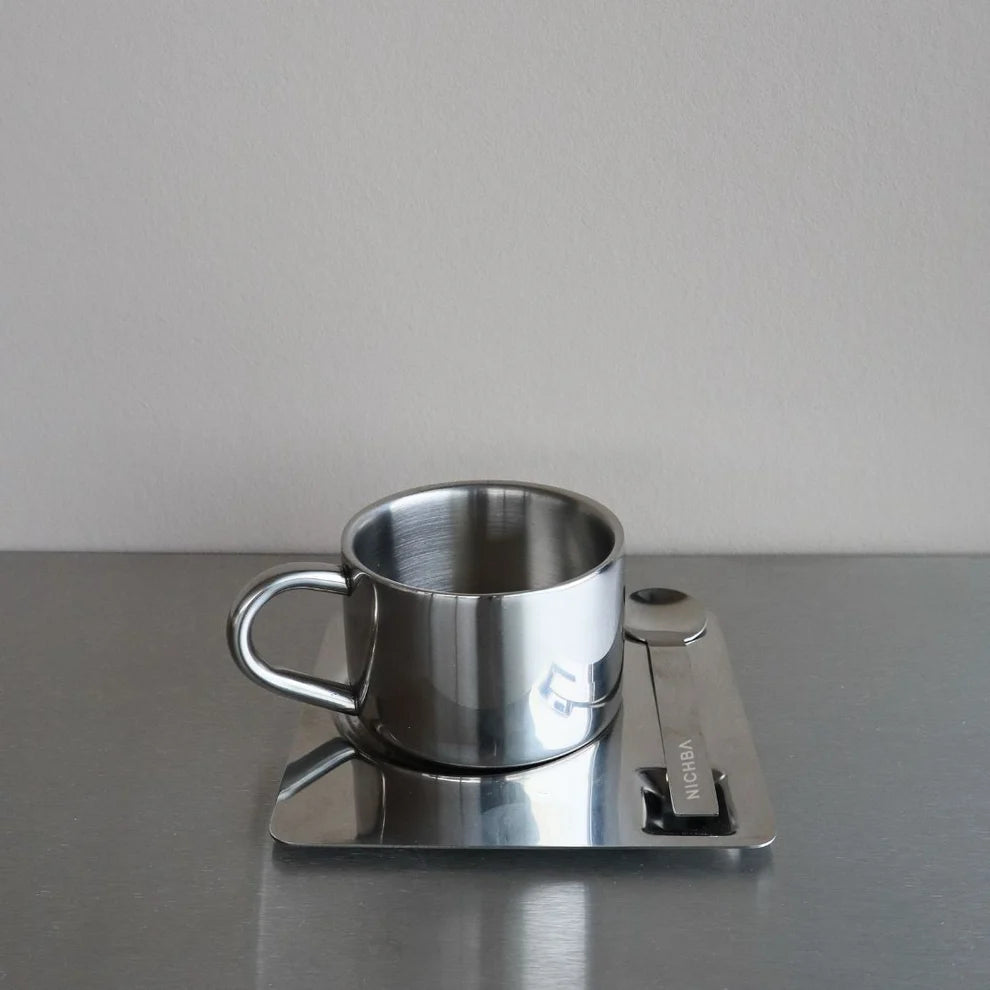 Cappuccinokop i rustfrit stål med underkop og ske