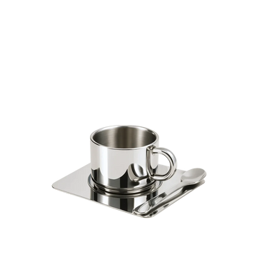 Cappuccinokop i rustfrit stål med underkop og ske