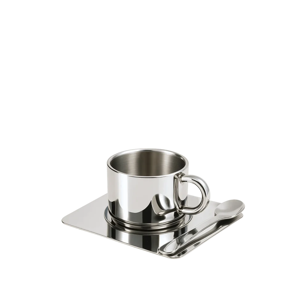 Cappuccinokop i rustfrit stål med underkop og ske